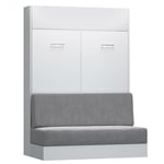 Armoire lit escamotable DYNAMO SOFA canapé intégré blanc mat et microfibre gris couchage 140 x 200 cm