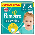 Pampers Baby-Dry Nappies, Size 7 (15kg+) Jumbo+ Pack (58 per pack)