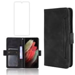Asuwish Compatible with Samsung Galaxy S21 Ultra Glaxay S21ultra 5G Wallet Case Tempered Glass Screen Protector and Leather Flip Card Holder Stand Cell Phone Cases for Gaxaly 21S S 21 21ultra G5 Black