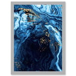 Abstract Dark Blue Gold Flow Watercolour Modern Artwork Framed Wall Art Print A4