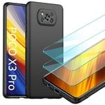 YIIWAY Compatible with Xiaomi Poco X3 Pro/Poco X3 NFC Case + [2 Pack] Tempered Glass Screen Protector, Black Ultra Slim Case Hard Cover Shell Compatible with POCO X3 Pro YW41905