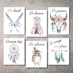 Girls Boho Tribal Wall Art Print,Dream Feathers Flowers with Inspirational Quote Wall Poster Picture, Watercolor Positive Affirmation Words Bohemian Canvas Poster Decor(Set of 6, 8"X10 inch",Unframed)