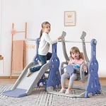 Merax Kids Slide Swing Set Climbing Frame | 4 in 1 Multifunctional Toddler Slide with Removable Basketball Hoop Ball Climb Stairs | Blue