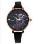 Ted Baker Floral & Rose Gold Large Face Watch Black Leather Strap - New In Box