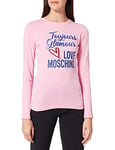 Love Moschino Women's Fitted Long-Sleeved T-Shirt in 30/1 Cotton Jersey. Customised with Glitter Print of Seasonal Slogan and Logo, Pink, 10