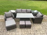 Outdoor Rattan Furniture Sofa Garden Dining Sets Adjustable Rising lifting Table and Chair Set With 3 Footstools