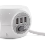 New 3 Way White Cube Power Socket 3 USB Ports & 1.4M Electric Extension Lead