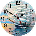 WISKALON 14 Inch Wall Clock - Home Decorative Wall Clock,Silent Non-Ticking Quartz Battery Operated Clock, Easy to Read Round Arabic Numerals Ship at Sea Pattern Wooden Wall Clocks