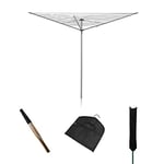 Addis 35m 3 Arm Rotary Washing Line (Grey), Metallic + Peg Bag, Black, one Size + Rotary Airer Protective Cover, Waterproof in Black + Ground Spike with 5 Inserts, Zinc, 32-50mm