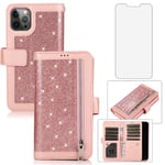 Asuwish Compatible with iPhone 12 Pro Max 6.7 Wallet Case and Tempered Glass Screen Protector Glitter Flip Cover Zipper Phone Cases for iPhone12promax 5G i 12s Plus iPhone12 12pro Promax Rose Gold