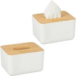 Boîte à mouchoirs, lot de 2, Distributeur lingettes salle de bains, plastique, bambou, hlp 10 x 17 x 13 cm, blanc/nature