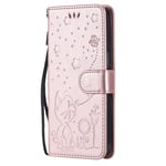iPhone 15 Flip Deksel i Skinn med Lommebok og Stropp - Kattegravering - Rose Gold