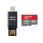 Carte Mémoire micro SDXC SanDisk Ultra 512 Go Vitesse de Lecture jusqu'à 150MB/S Classe 10 U1 A1 Adaptateur SD et lacteur MICRO SDXC TYPC C inclus