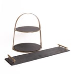 Cake Serving Set with Slate & Brass Cake Stand and Slate Serving Platter with Brass Handles