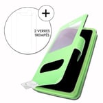 Super Pack-fodral för Nokia C2 Extra Slim 2 Eco-läderfönster + 2 högtransparens skyddsglasögon GRÖN