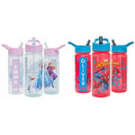 Disney Frozen Magic Personalised Sticker Water Bottle with Straw 500ml Purple & Marvel Spider-Man Personalised Sticker Water Bottle with Straw 500ml, Red & Blue