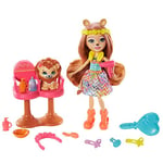 Enchantimals Savane Ensoleillée coffret Salon de Coiffure avec mini-poupée Lacey Lion, figurine animale Manesy et accessoires, jouet pour enfant, GTM29