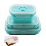 Silicone Lunch Box Boxes Food Collapsible Storage Containers Folding 3 Pack Set with Free Large Food Ziplock Bags, Dishwasher Reusable Freezer Safe Household Picnic Party Bento Indoor (3 Pack-Blue)