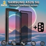 2-Pack Privacy Samsung A52S 5G Skärmskydd & 1-Pack linsskydd - Härdat Glas 9H - Super kvalitet 3D