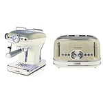 Ariete 1389 Expresso Vintage Beige & Vintage 156 Grille-pain 4 tranches, 1600 watts, 6 niveaux de grillage, en acier inoxydable peint en couleur beige pastel, sans pince