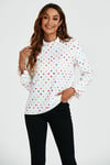 Polka Dot Print Frill Detail High Neck Top In White