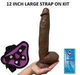 Dildo BIG GIRTHY 12 Inch Realistic Brown Suction Cup STRAP-ON KIT Purple Harness
