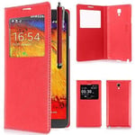VCOMP® Etui Housse Coque Flip Cover View Compatible pour Samsung Galaxy Note 3 Neo/Lite Duos 3G LTE SM-N750 SM-N7505 SM-N7502 + Stylet - Rouge