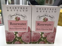 BNIB - 2 X 100g 3.5oz Crabtree & Evelyn Rosewater Swiss Glycerine Soap Bars NEW