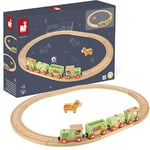 Janod - Farm Train Story Set - 5 Wooden Figurines - Make-Believe Toy - Farm Animals with Vehicles - Compatible with Rails Already On The Market - Suitable for Ages 3 and Up, J08578