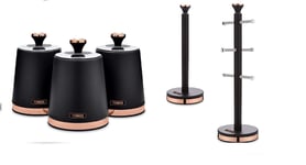 Tower Stylish Cavaletto BLACK & Rose Gold 3 Canisters, Mug Tree & Towel pole Set
