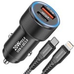 YEONPHOM 20W USB C Car Charger Adapter with MFi Certified USB C to Lightning Cable Compatible for iPhone 13 12 Pro Max/Mini/11 Pro Max/11/XS Max/XR/X/8/SE,PD &QC3.0 Dual Port Fast Charging Car Charger
