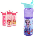 Disney Princess Personalised Sticker Water Bottle with Straw 500ml - Pink & Frozen Water Bottle with Straw – Reusable Kids 600ml PP – in Purple, Multi Colour