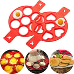 Hpamba Pancake Mold Flipper Egg Ring Mould Egg Maker Egg Maker Pancake Mould for Round Eggs Silicone Pancake Molds with 7 Holes, 2Pcs Heart & Round Shape Fixator for Fast Easy DIY Egg/Pastry (Red)