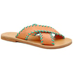 Size 5 Salmon Emmanuela Greek Suede Leather Embroided Flat Sandals, Quality Handmade Slide on X Strap Summer Shoes for Women, Open Toe Sliders, Boho Chic Strappy Mules