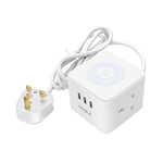 Cube Extension Lead with USB 1.5M, 2Way Switched with LED Night Light,Small and Compact white Power Extension by Baykul