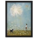 Artery8 Chasing the Giant Dandelion Dream Artwork Giant Wish Oil Painting Kids Bedroom Child and Pet Dog in Daisy Field Artwork Framed Wall Art Print A4