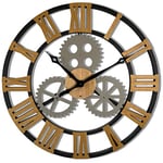 FLEXISTYLE Horloge Murale Design Industriel Grand diamètre 80 cm rétro Vintage Aspect Bois chêne sans Bruit de tic-tac Salon (Noir)