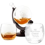 Murrano Globe Whiskey Decanter Set with 2 Glasses - 850 ml Carafe with Ship Inside - You can Personalise Tumblers as Gift for Men - 40. Birthday