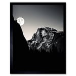 Moonrise by Half Dome in Yosemite National Park High Contrast Black White Photograph Full Moon and Mountain Forest Landscape Art Print Framed Poster W