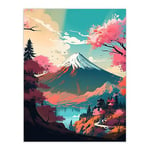 Artery8 Mount Fuji View Through Cherry Blossom Trees Vibrant Painting Pink Orange Blue Path to Japanese Temple on Tranquil Lake Landscape Extra Large XL Wall Art Poster Print