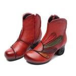 SHESHOU Folk-custom Genuine Leather Booties Non-slip Retro Art Wind Peacock Tail Cotton Shoes Female Color : Red(With velvet), Size : 39