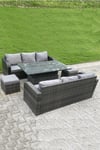 Outdoor Rattan Sofa Set Dining Table Height Adjustable Rising lifting Table Lounge Sofa Small Footstools 8 Seater