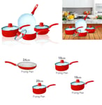 Non Stick 7pcs Ceramic Saucepan Pot Cookware Frying Pan Set Red With Glass Lid