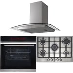 SIA BISO11SS 60cm Black Touch Control 13 Function Single Fan Oven, R6 70cm 5 Burner Stainless Steel Gas Hob & Curved Cooker Hood Kitchen Extractor