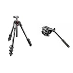 Manfrotto MT190CXPRO4, 190 Carbon Fibre 4 Section Tripod with Horizontal Column & MVH500AH, Lightweight Fluid Video Head with Flat Base, Sliding Plate for Rapid Camera Connection