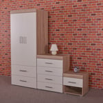 3 Piece White & Sonoma Oak Bedroom Set! Wardrobe, 4 Drawer Chest, Bedside Table!