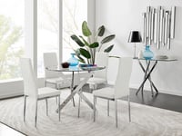 Novara Clear Tempered Glass 100cm Round Dining Table with Chrome Starburst Legs & 4 Milan Faux Leather Chairs
