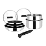 Sitram 714248 Batterie de cuisine Inox 8 Pièces : 3 Poêles Ø20,24,28 cm + 2 Casseroles Ø16,18 cm + 2 Couvercles Verre Ø16,18 cm + manche amovible, Tous feux dont induction