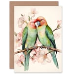 Love Birds Cherry Bloom Romance Anniversary Valentines Day Blank Greeting Card