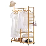 Yorbay Bamboo Clothes Rails, Coat Rack on Wheels Max Load 220lbs, Free Standing Garment Hanging Rails with 6 Hooks and 3 Shleves for Dress, Pants, Shoes, Hats, Natural, 100x38x176cm, Reusable